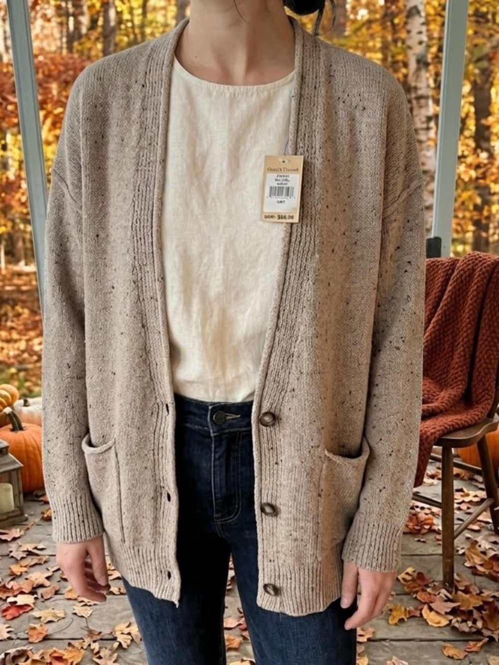 Hem & Thread Exterior Seams Speckled grandpa Cardigan #32663 Neutral Large NWT